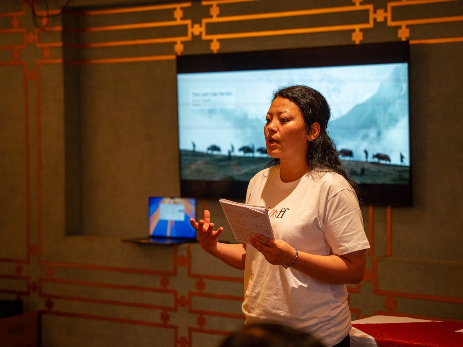 A filmmaker rehearses her pitch at the 2025 Lab